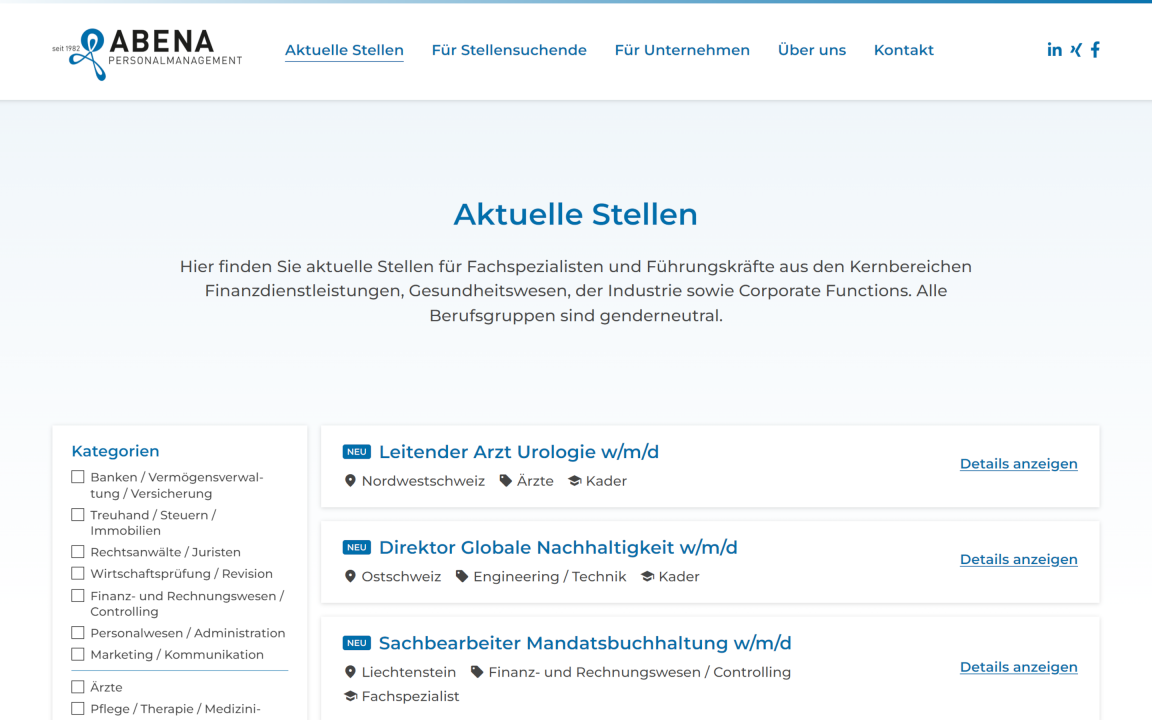 Screenshot ABENA Personalvermittlung Anstalt Desktop Aktuelle Stellen Alle Stellen