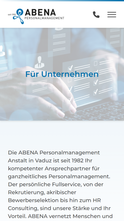 Screenshot ABENA Personalvermittlung Anstalt Mobile Für Unternehmen Überblick