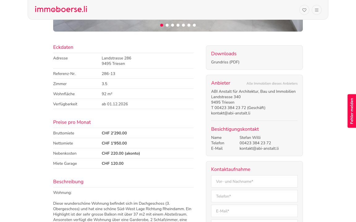 Screenshot eines Immobilieninserats.