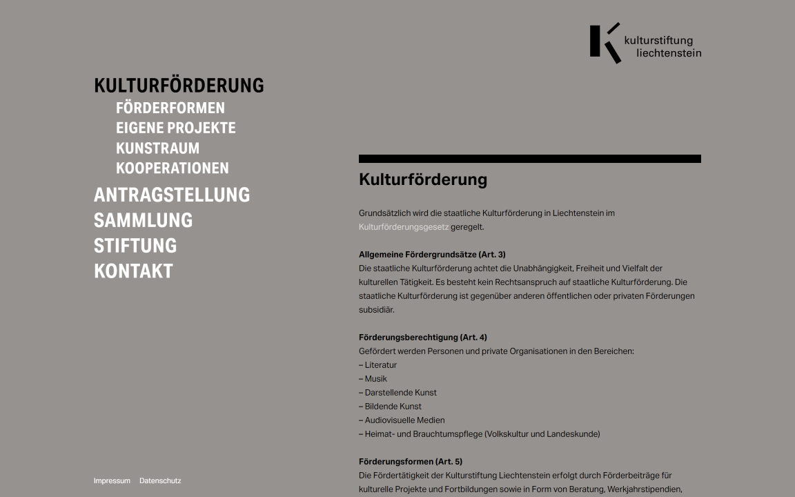 Screenshot Kulturstiftung Liechtenstein Desktop Kulturförderung