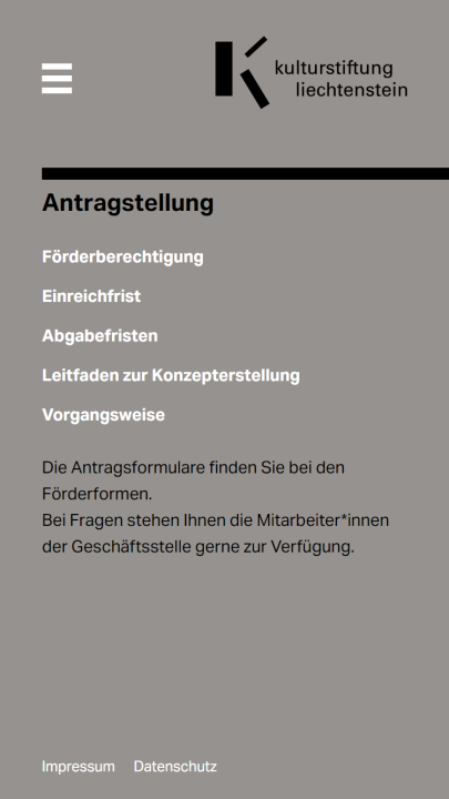 Screenshot Kulturstiftung Liechtenstein Mobile Antragstellung