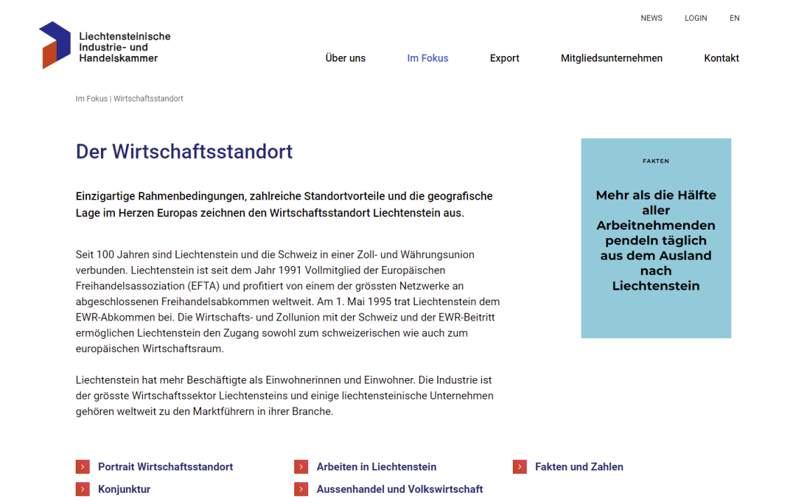 Screenshot Liechtensteinische Industrie- und Handelskammer LIHK Desktop Wirtschaftsstandort