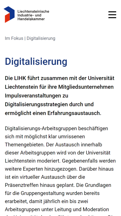 Screenshot Liechtensteinische Industrie- und Handelskammer LIHK Mobile Im Fokus Digitalisierung