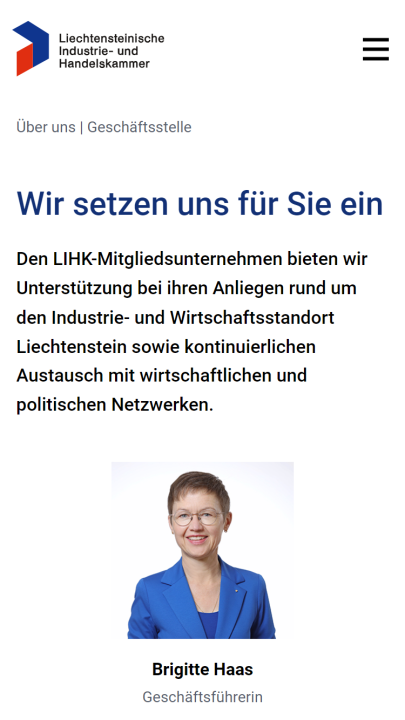 Screenshot Liechtensteinische Industrie- und Handelskammer LIHK Mobile Über Uns Geschäftsstelle