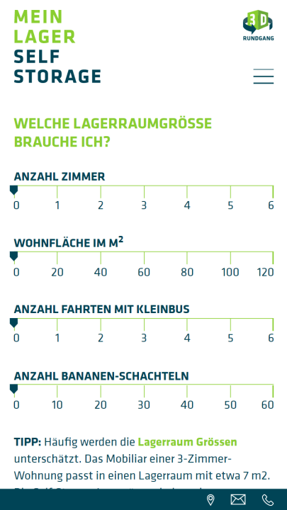 Screenshot Meinlager Mobile Informationen Lagerraum Grösse berechnen