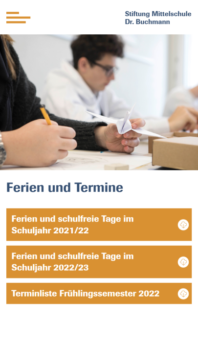 Screenshot Stiftung Mittelschule Dr. Buchmann Mobile Organisation Ferien und Termine